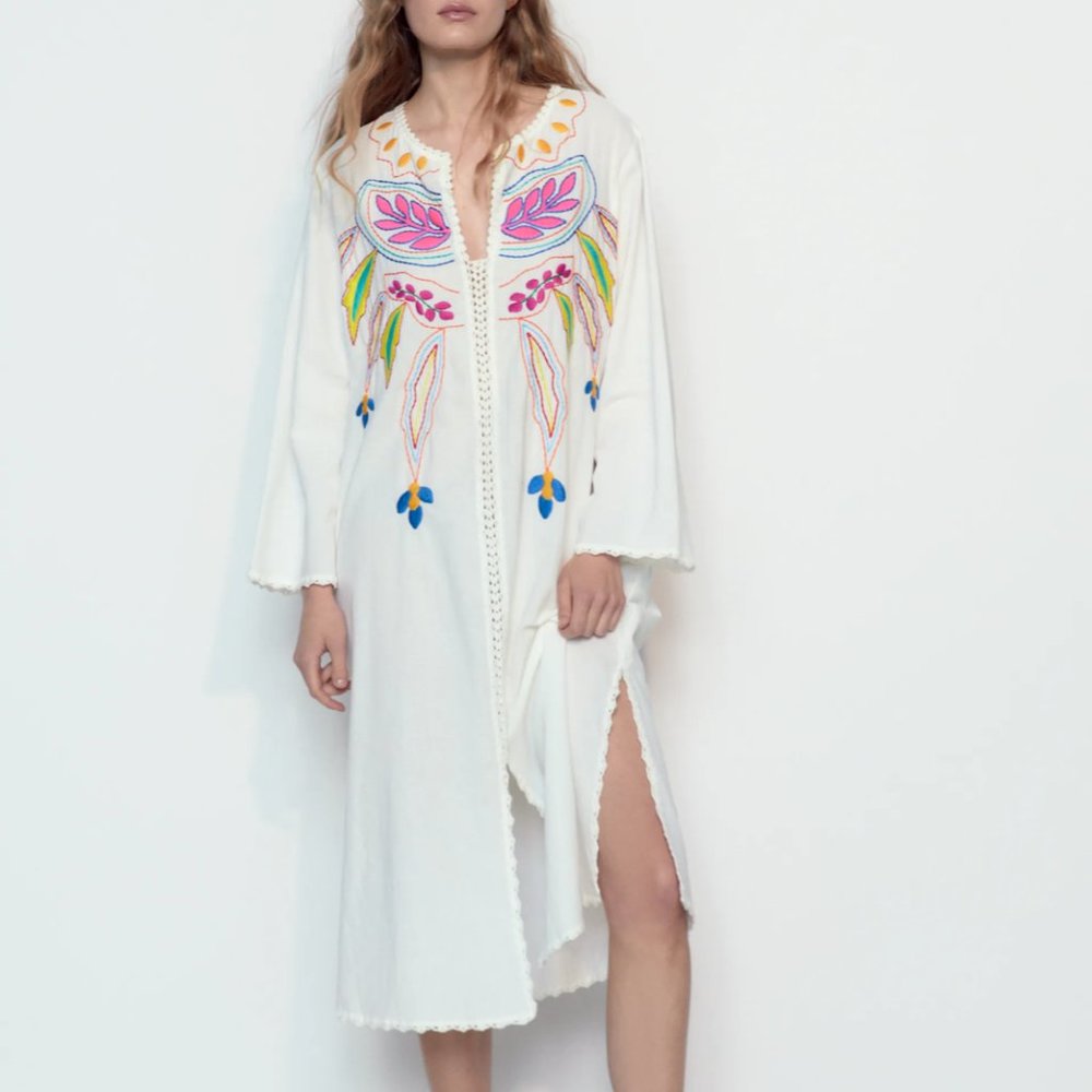 ZARA ! flower cotton floral embroidered kaftan(Medium)